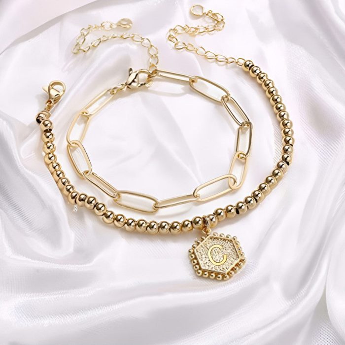 Gold Plated Alphabetical A Bracelet Set of 2 For Women - VAIRAVI