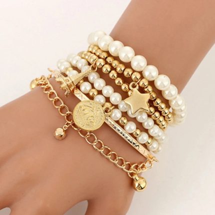 Gold Plated Pearl Studded Multistrand Korean Bracelet (Pack of 6) - VAIRAVI
