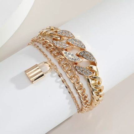 Gold Plated Stone Studded Lock inspired Multi-strand Bracelet For Women and Girls - VAIRAVI