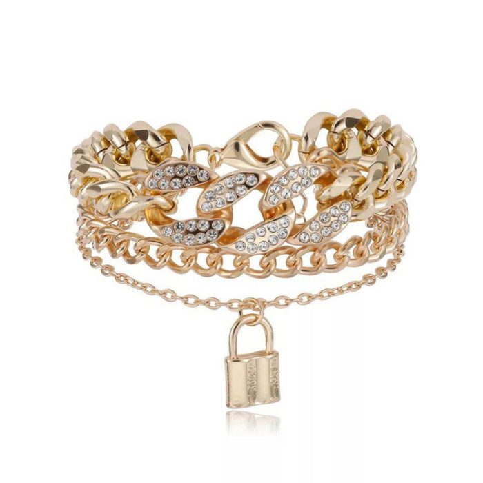Gold Plated Stone Studded Lock inspired Multi-strand Bracelet For Women and Girls - VAIRAVI