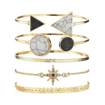 Gold Plated Geometric Stackable Korean Bracelet (Pack of 5) - VAIRAVI
