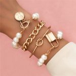 Gold Plated Pearl Studded Contemporary Set of 4 Stackable Korean Bracelet Set For Women and Girls - VAIRAVI