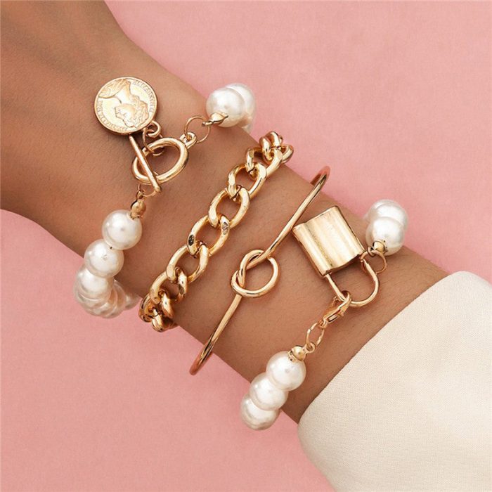 Gold Plated Pearl Studded Contemporary Set of 4 Stackable Korean Bracelet Set For Women and Girls - VAIRAVI