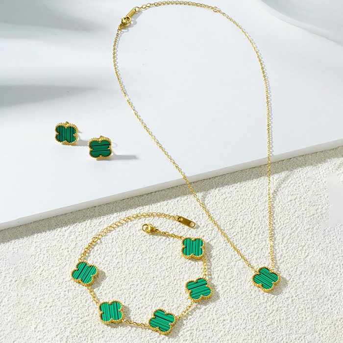 Stainless Steel Gold Plated Set Of Green Anti Tarnish Clover Jewellery Set For Girls And Women - VAIRAVI