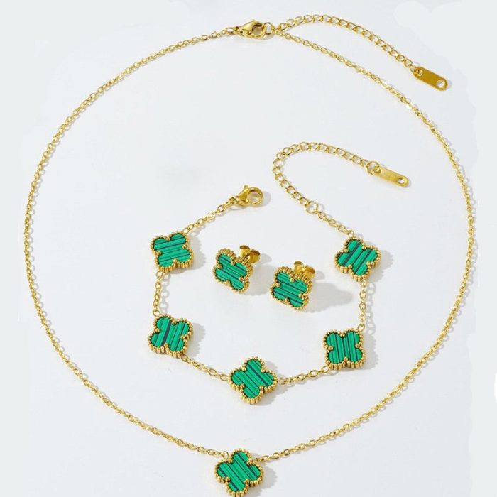 Stainless Steel Gold Plated Set Of Green Anti Tarnish Clover Jewellery Set For Girls And Women - VAIRAVI