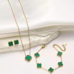 Stainless Steel Gold Plated Set Of Green Anti Tarnish Clover Jewellery Set For Girls And Women - VAIRAVI