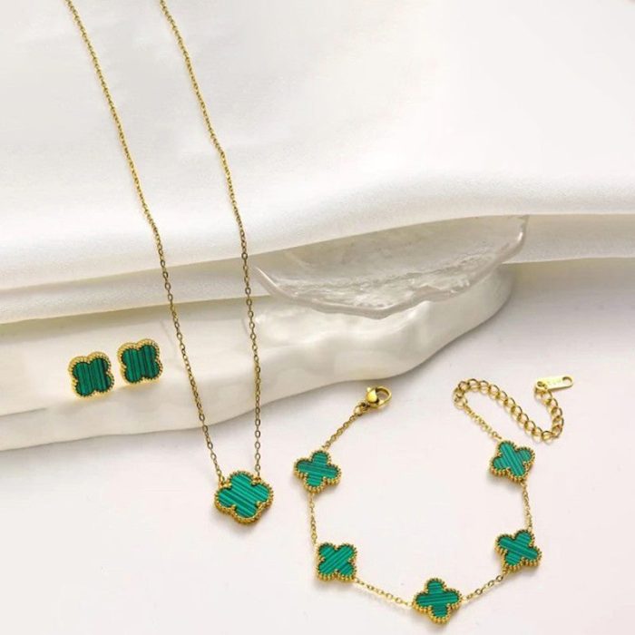 Stainless Steel Gold Plated Set Of Green Anti Tarnish Clover Jewellery Set For Girls And Women - VAIRAVI