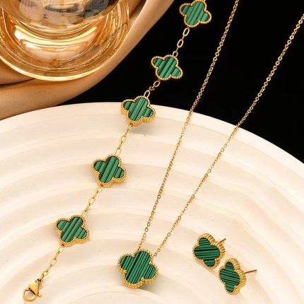 Stainless Steel Gold Plated Set Of Green Anti Tarnish Clover Jewellery Set For Girls And Women - VAIRAVI
