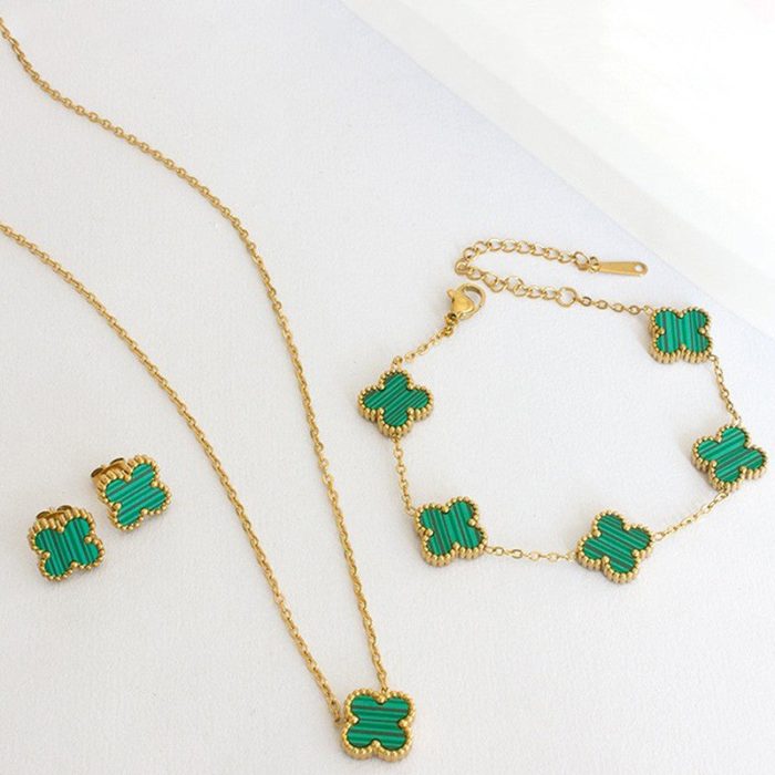 Stainless Steel Gold Plated Set Of Green Anti Tarnish Clover Jewellery Set For Girls And Women - VAIRAVI