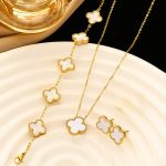 Stainless Steel Gold Plated Set Of White Anti Tarnish Clover Jewellery Set For Girls And Women - VAIRAVI