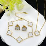Stainless Steel Gold Plated Set Of White Anti Tarnish Clover Jewellery Set For Girls And Women - VAIRAVI