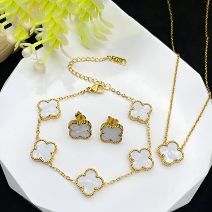 Stainless Steel Gold Plated Set Of White Anti Tarnish Clover Jewellery Set For Girls And Women - VAIRAVI