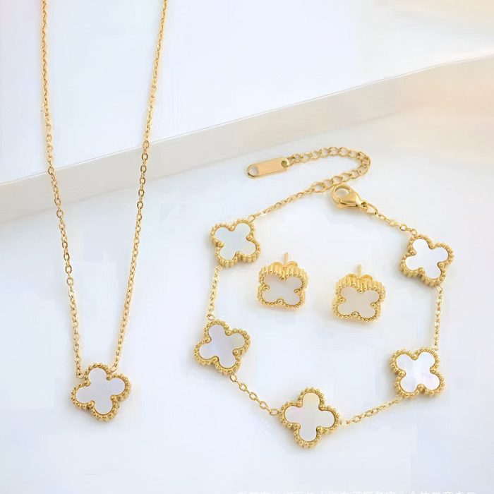 Stainless Steel Gold Plated Set Of White Anti Tarnish Clover Jewellery Set For Girls And Women - VAIRAVI