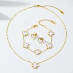 Stainless Steel Gold Plated Set Of White Anti Tarnish Clover Jewellery Set For Girls And Women - VAIRAVI