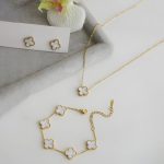 Stainless Steel Gold Plated Set Of White Anti Tarnish Clover Jewellery Set For Girls And Women - VAIRAVI