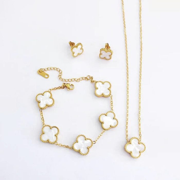 Stainless Steel Gold Plated Set Of White Anti Tarnish Clover Jewellery Set For Girls And Women - VAIRAVI