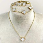 Stainless Steel Gold Plated Set Of White Anti Tarnish Clover Jewellery Set For Girls And Women - VAIRAVI