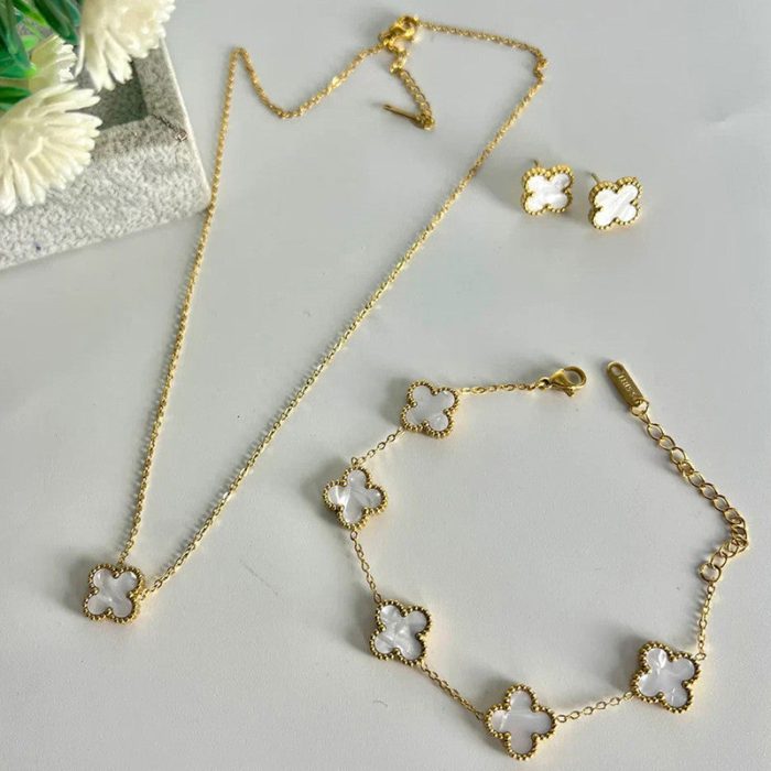Stainless Steel Gold Plated Set Of White Anti Tarnish Clover Jewellery Set For Girls And Women - VAIRAVI