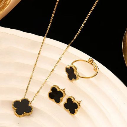 Stainless Steel Gold Plated Set Of Black Anti Tarnish Clover Jewellery Set For Girls And Women - VAIRAVI