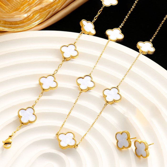Stainless Steel Gold Plated Set Of White Anti Tarnish Clover Jewellery Set For Girls And Women - VAIRAVI