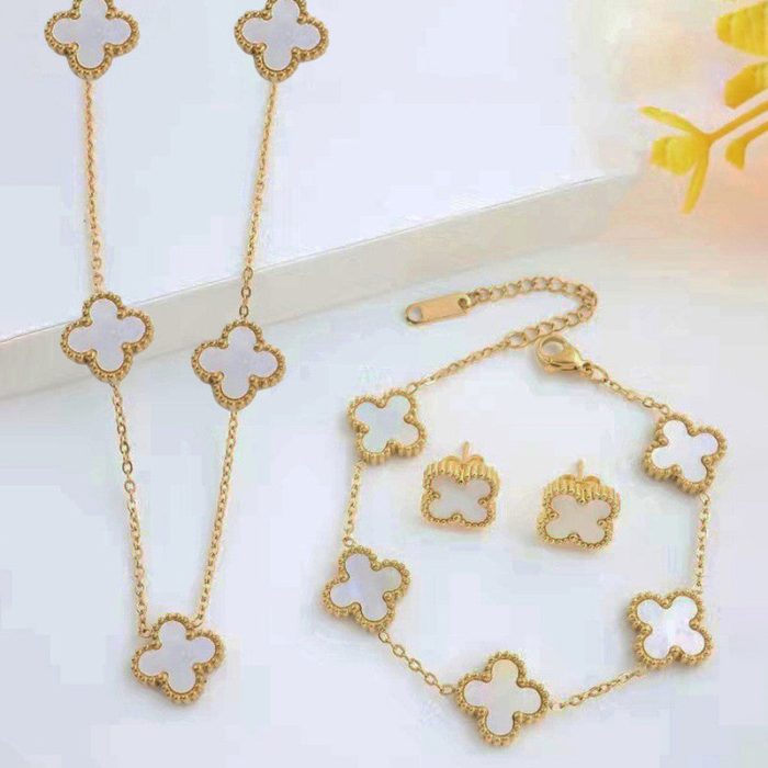 Stainless Steel Gold Plated Set Of White Anti Tarnish Clover Jewellery Set For Girls And Women - VAIRAVI