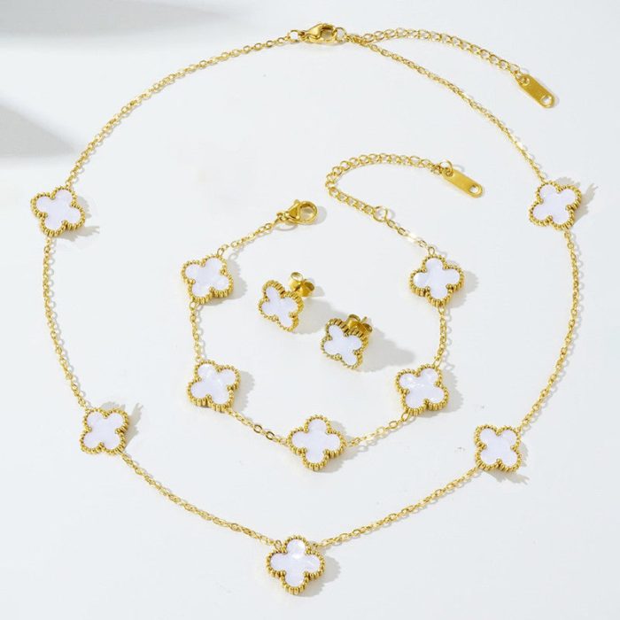 Stainless Steel Gold Plated Set Of White Anti Tarnish Clover Jewellery Set For Girls And Women - VAIRAVI
