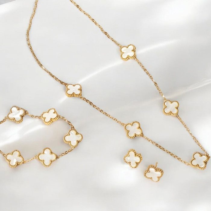 Stainless Steel Gold Plated Set Of White Anti Tarnish Clover Jewellery Set For Girls And Women - VAIRAVI