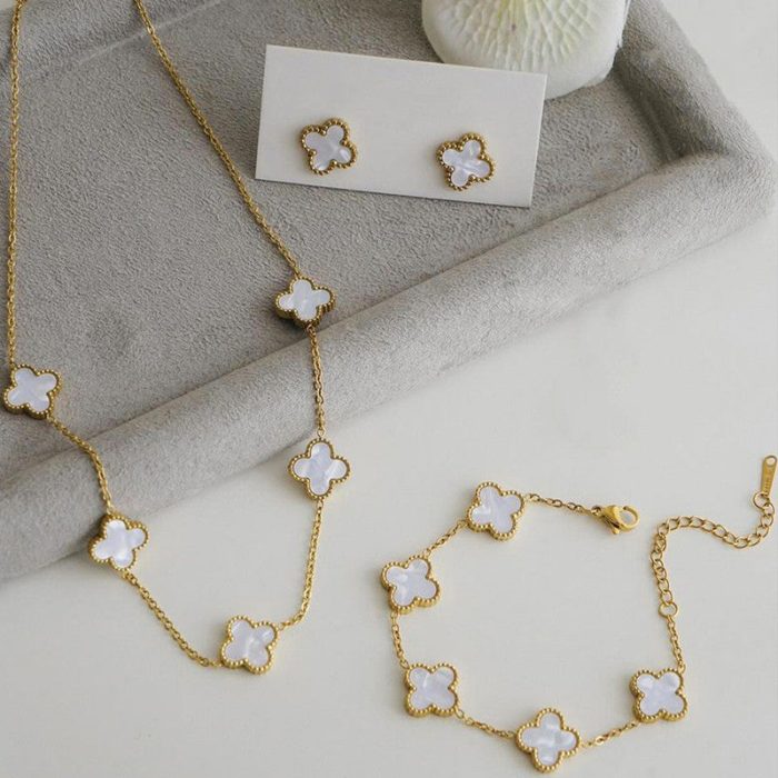 Stainless Steel Gold Plated Set Of White Anti Tarnish Clover Jewellery Set For Girls And Women - VAIRAVI
