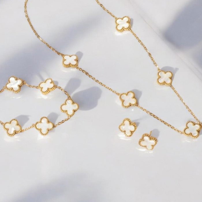 Stainless Steel Gold Plated Set Of White Anti Tarnish Clover Jewellery Set For Girls And Women - VAIRAVI