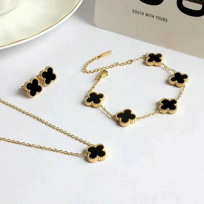 Stainless Steel Gold Plated Set Of Black Anti Tarnish Clover Jewellery Set For Girls And Women - Image 5