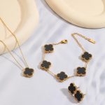 Stainless Steel Gold Plated Set Of Black Anti Tarnish Clover Jewellery Set For Girls And Women - Image 6