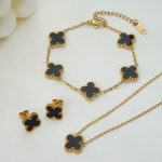 Stainless Steel Gold Plated Set Of Black Anti Tarnish Clover Jewellery Set For Girls And Women - Image 7