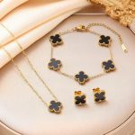 Stainless Steel Gold Plated Set Of Black Anti Tarnish Clover Jewellery Set For Girls And Women - Image 8