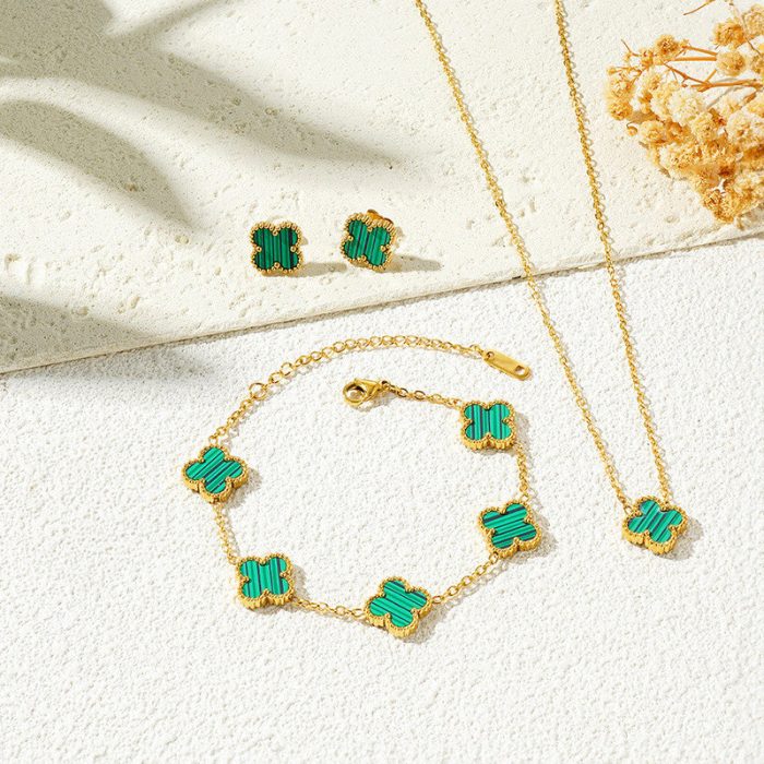 Stainless Steel Gold Plated Set Of Green Anti Tarnish Clover Jewellery Set For Girls And Women - Image 6