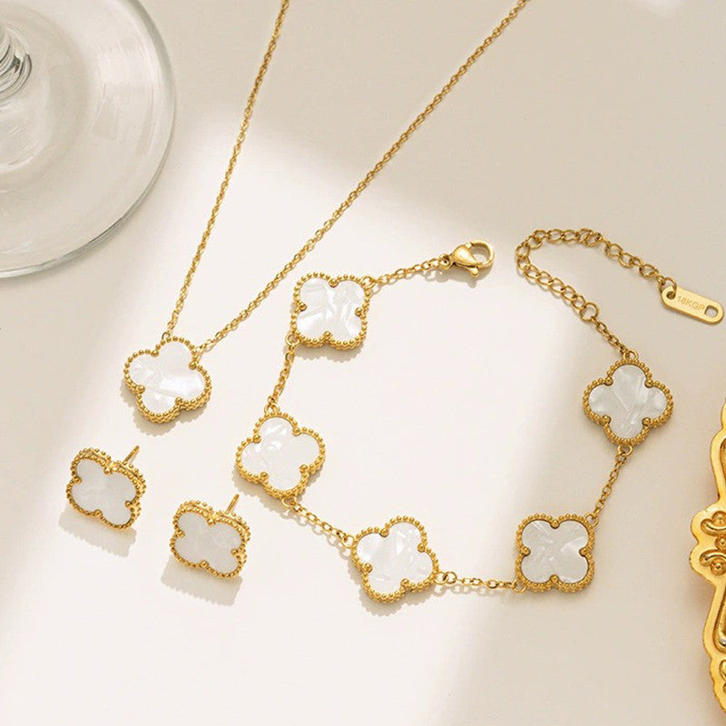 Stainless Steel Gold Plated Set Of White Anti Tarnish Clover Jewellery Set For Girls And Women - Image 1