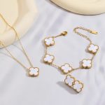 Stainless Steel Gold Plated Set Of White Anti Tarnish Clover Jewellery Set For Girls And Women - Image 2