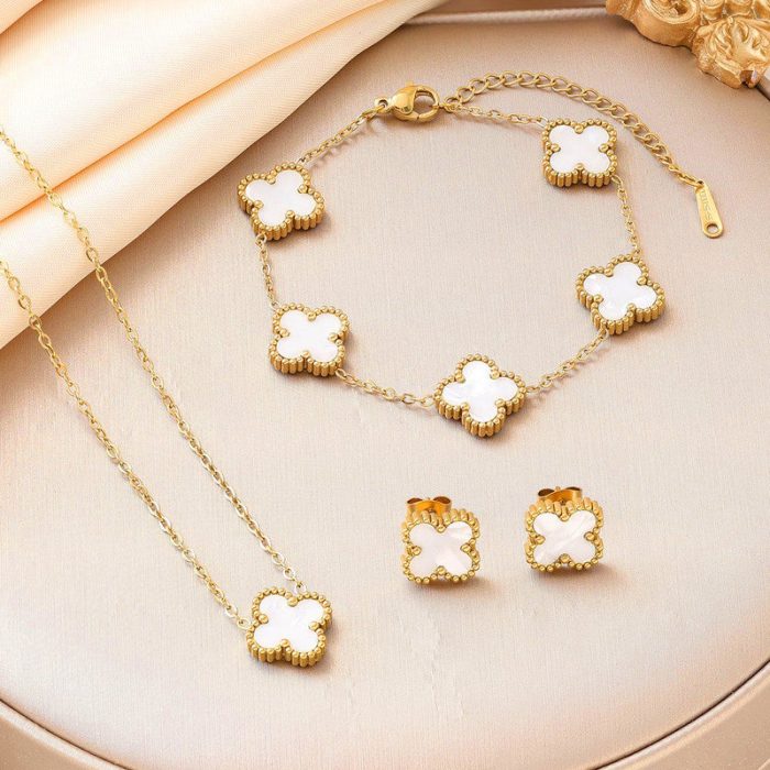 Stainless Steel Gold Plated Set Of White Anti Tarnish Clover Jewellery Set For Girls And Women - Image 3