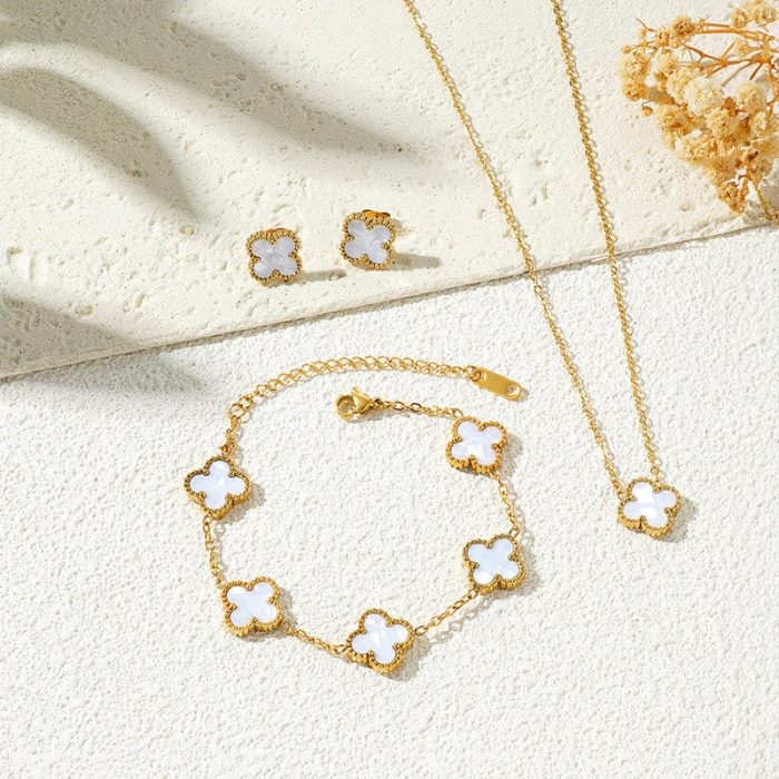 Stainless Steel Gold Plated Set Of White Anti Tarnish Clover Jewellery Set For Girls And Women - Image 4