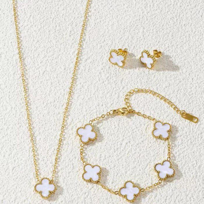 Stainless Steel Gold Plated Set Of White Anti Tarnish Clover Jewellery Set For Girls And Women - Image 5