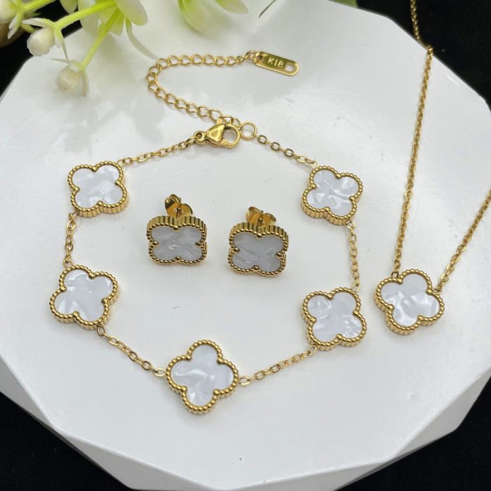 Stainless Steel Gold Plated Set Of White Anti Tarnish Clover Jewellery Set For Girls And Women - Image 7
