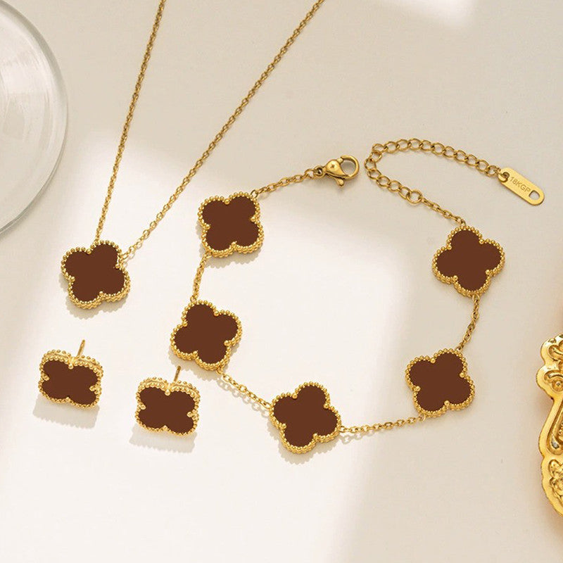 Stainless Steel Gold Plated Set Of Brown Anti Tarnish Clover Jewellery Set For Girls And Women - Image 1
