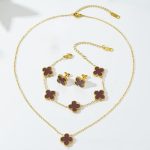 Stainless Steel Gold Plated Set Of Brown Anti Tarnish Clover Jewellery Set For Girls And Women - Image 3