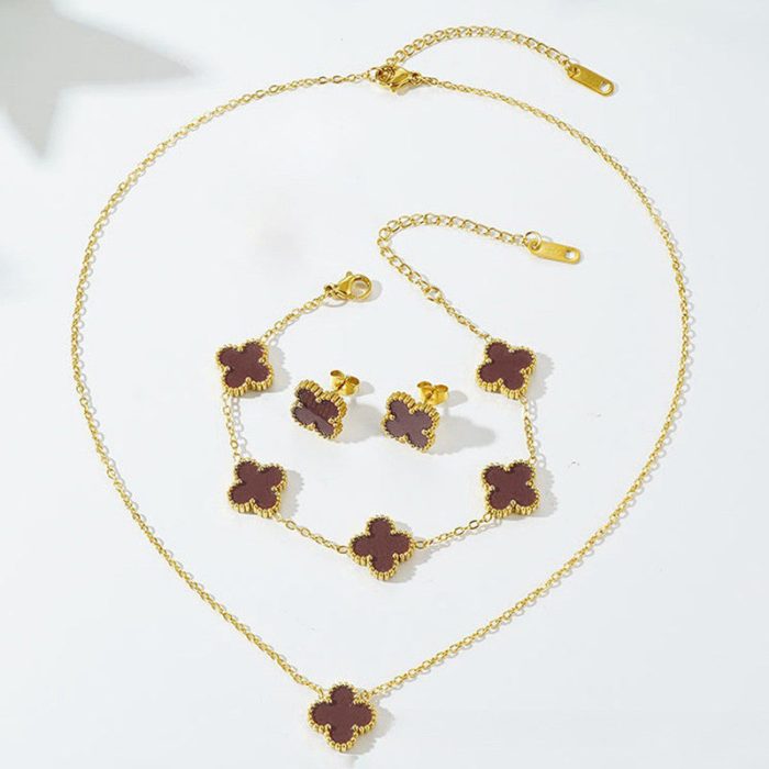 Stainless Steel Gold Plated Set Of Brown Anti Tarnish Clover Jewellery Set For Girls And Women - Image 3