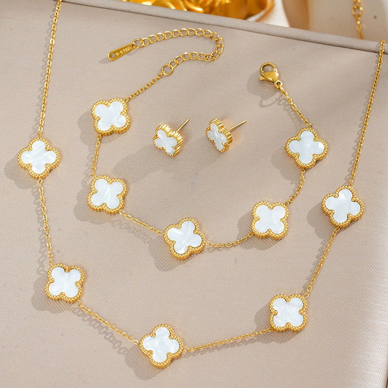 Stainless Steel Gold Plated Set Of White Anti Tarnish Clover Jewellery Set For Girls And Women - Image 1