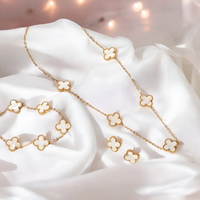 Stainless Steel Gold Plated Set Of White Anti Tarnish Clover Jewellery Set For Girls And Women - Image 2