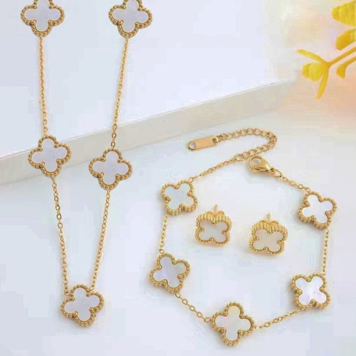 Stainless Steel Gold Plated Set Of White Anti Tarnish Clover Jewellery Set For Girls And Women - Image 3