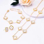 Stainless Steel Gold Plated Set Of White Anti Tarnish Clover Jewellery Set For Girls And Women - Image 4