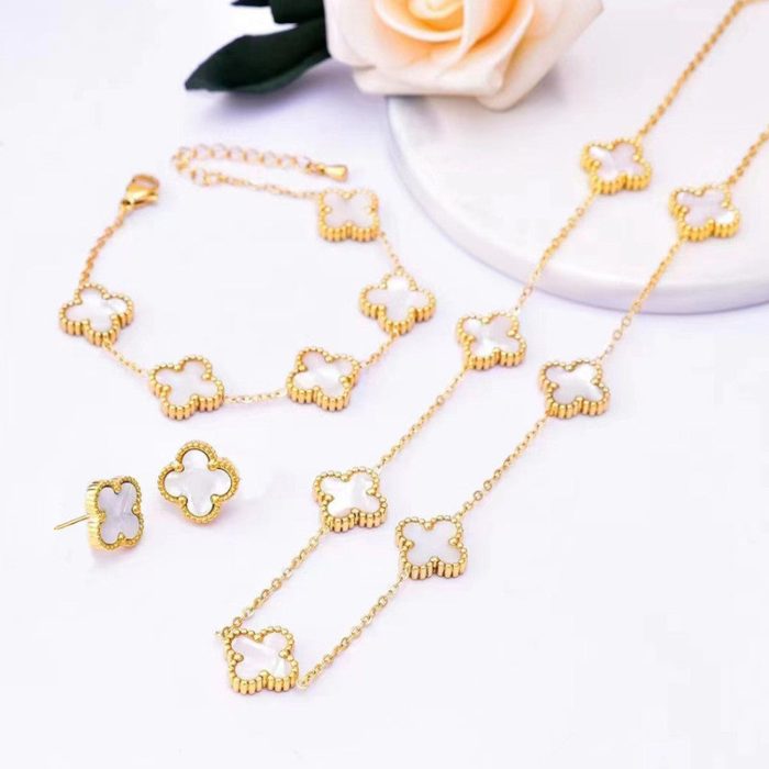 Stainless Steel Gold Plated Set Of White Anti Tarnish Clover Jewellery Set For Girls And Women - Image 4