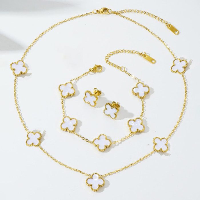Stainless Steel Gold Plated Set Of White Anti Tarnish Clover Jewellery Set For Girls And Women - Image 6