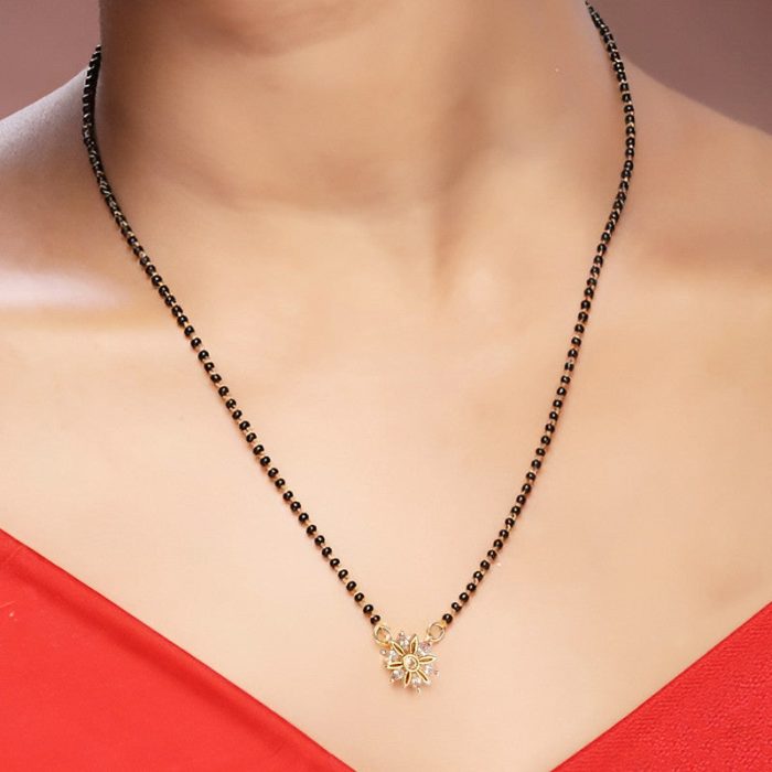 Gold Plated Round Shaped Floral Mangalsutra with Chain for Women - Image 3